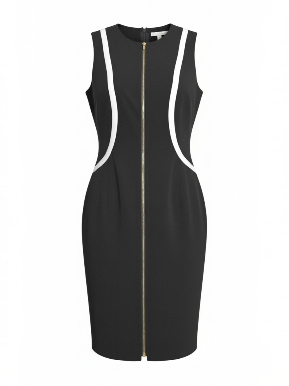 Calvin Klein Black Midi Sheath Dress with White Contour and Gold Zip